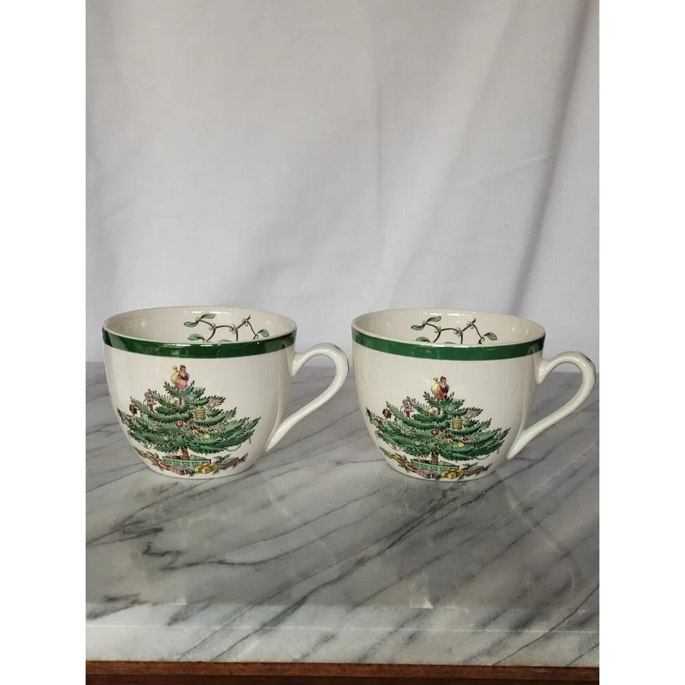 SPODE Christmas‎ Tree Santa Coffee Tea Cups 6oz Set of 2 England VTG
